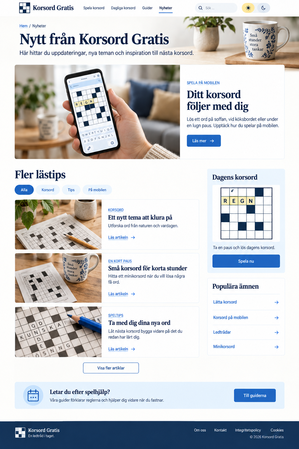 Korsord på en mobiltelefon